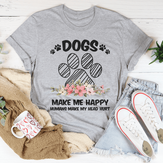 Gray crewneck T-shirt featuring a dog paw graphic with flowers and "Make Me Happy" message
