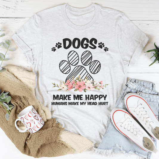 Light gray crewneck T-shirt with dog paw print, floral design, and "Make Me Happy" text