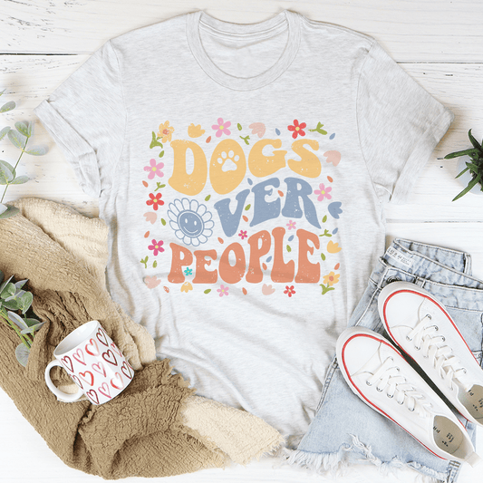 Dogs Over People T-shirt, light gray with colorful floral paw print graphic