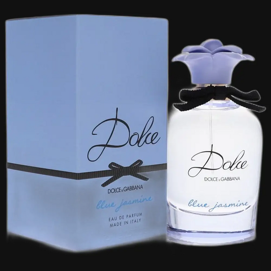 Women’s perfume bottle with white glass, lavender floral top, and ribbon bow.