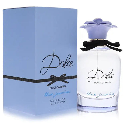 Women’s perfume box and bottle set, light blue packaging with lavender floral cap.