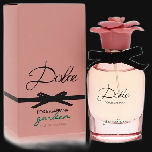 Women’s eau de parfum bottle with pink rose cap, black ribbon, and matching box