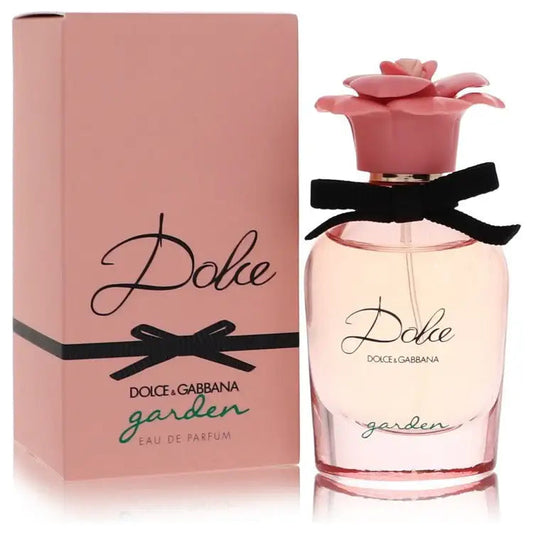 Eau de parfum set with pink box and bottle, pink flower cap, black ribbon
