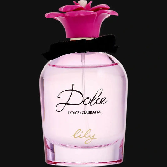 Dolce Lily perfume bottle with pink flower-shaped cap and glass body, Dolce & Gabbana label