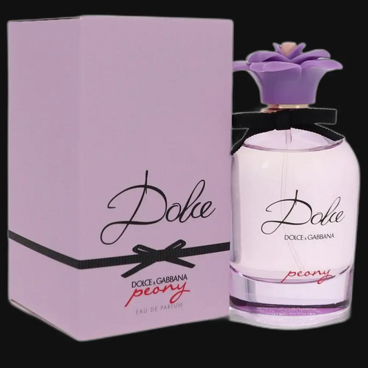 Dolce Peony eau de parfum bottle with lavender box and purple flower cap