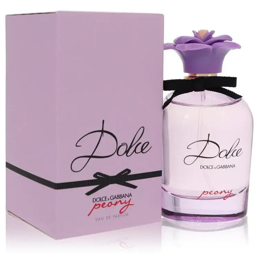 Dolce Peony eau de parfum bottle and lavender gift box with purple flower cap