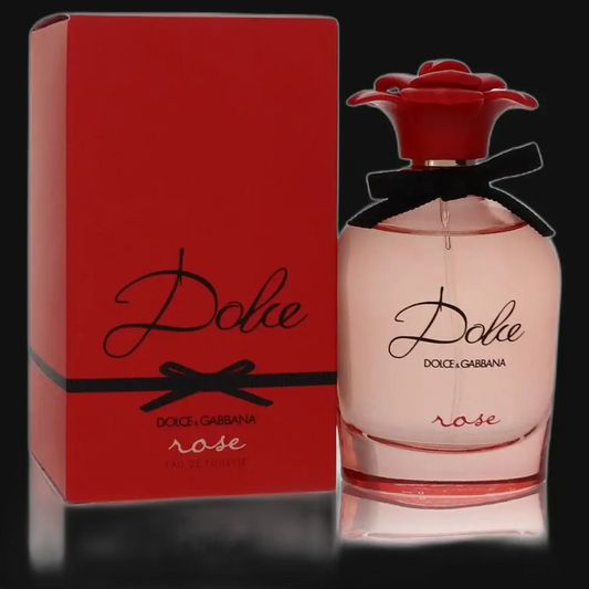 Women's perfume with red floral cap, shown with red gift box