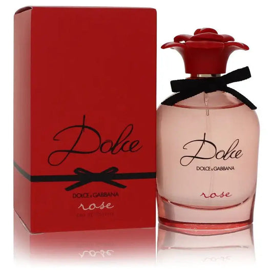 Women's perfume bottle and red box, round glass with red rose-style top