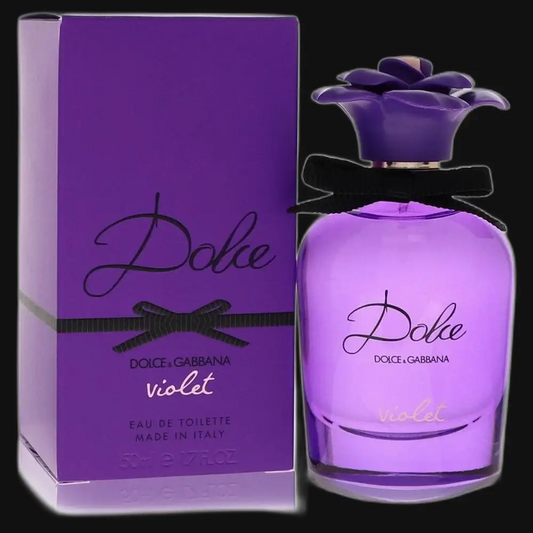 Women’s violet eau de toilette bottle with floral cap and purple gift box.