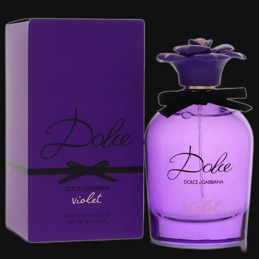 Women’s violet eau de toilette bottle with purple cap, shown beside its box.