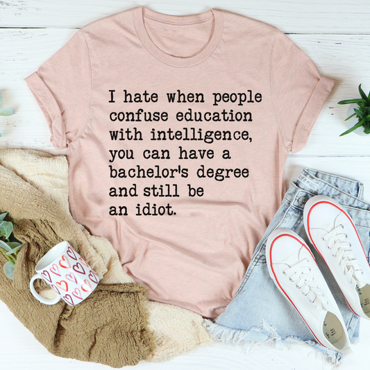 Rose heather T-shirt with front quote text, crew neck, short sleeves