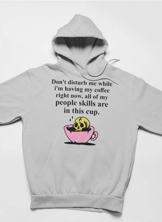 Gray hoodie with large back quote and skull in cup graphic