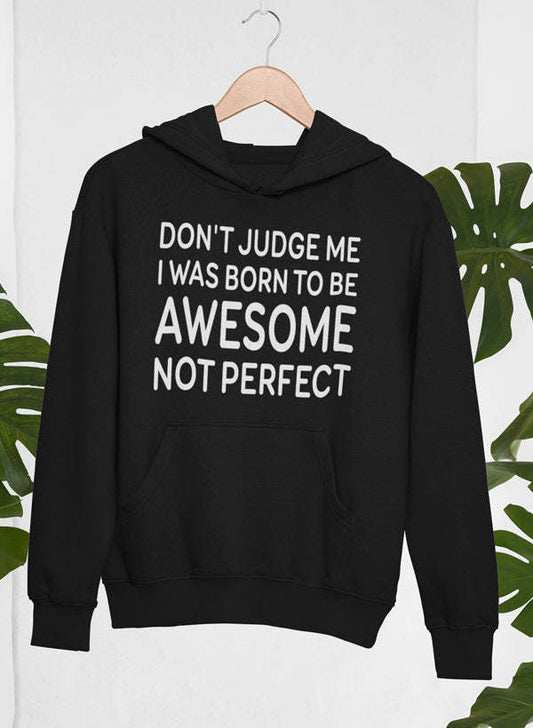 Black pullover hoodie with slogan print, hood and kangaroo pocket