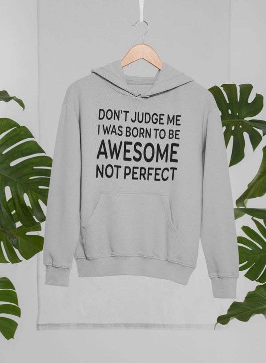 Heather gray pullover hoodie with front slogan print, hood and kangaroo pocket