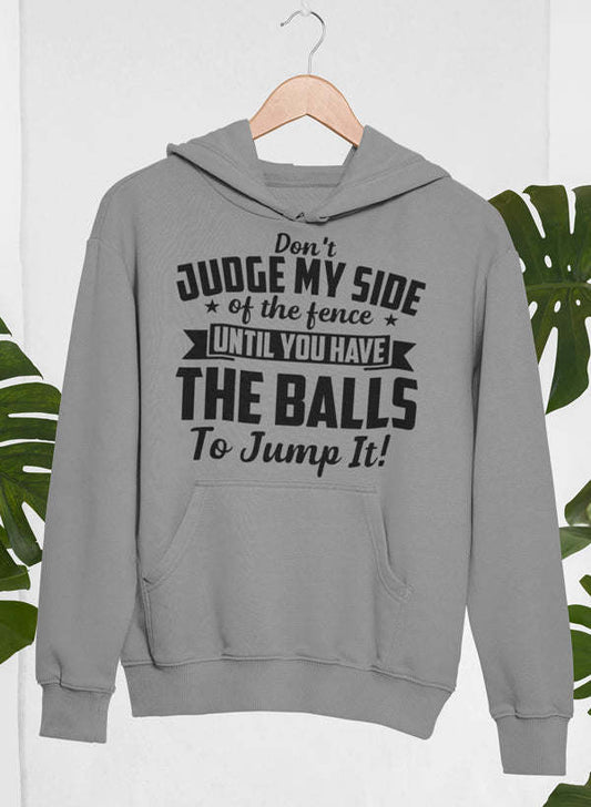 Athletic gray pullover hoodie on hanger with bold black front slogan graphic