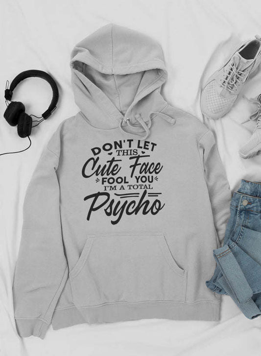 Light gray pullover hoodie with large front pocket and printed slogan graphic on chest