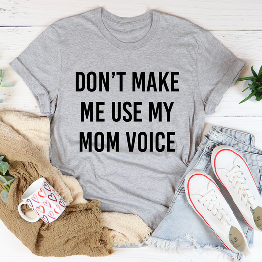 Short-sleeve crewneck T-shirt in heather gray with bold black MOM VOICE quote graphic