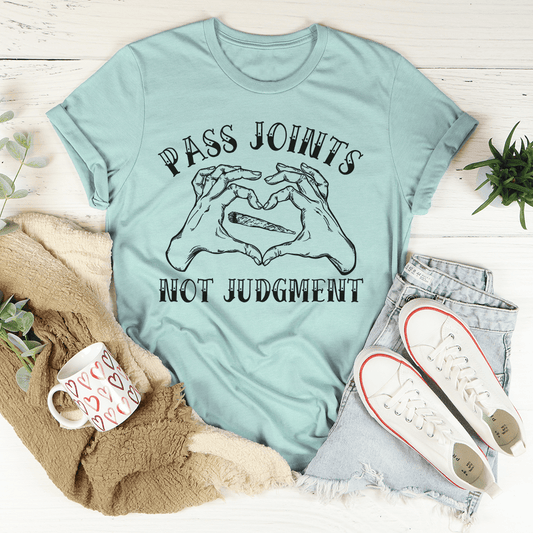 Heather blue T-shirt with 'PASS JOINTS' and 'NOT JUDGMENT' graphic, crewneck