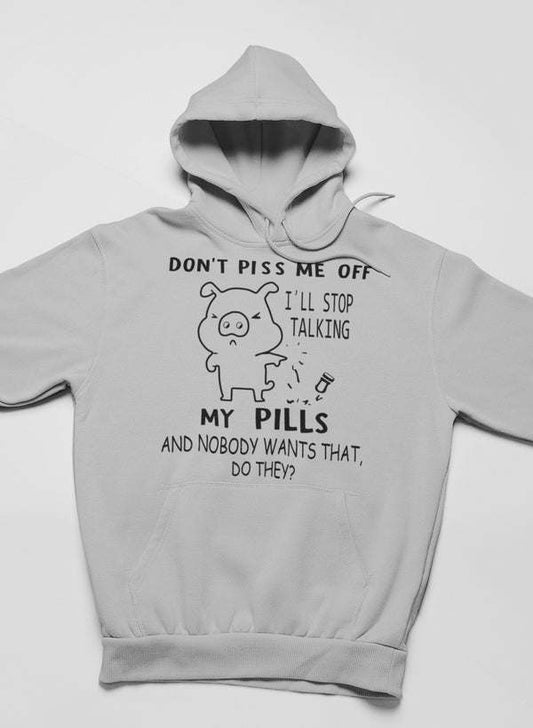 Athletic grey hoodie with front graphic text and pig illustration