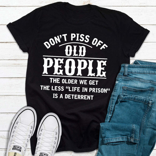 Black crew-neck T-shirt with large 'OLD PEOPLE' slogan graphic