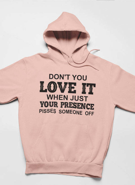 Light mauve hoodie with front graphic text and kangaroo pocket