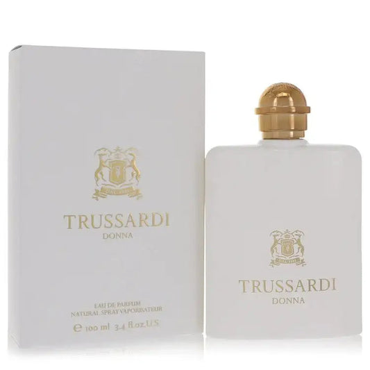 Women’s Eau de Parfum box and bottle with Trussardi Donna gold emblem, white label