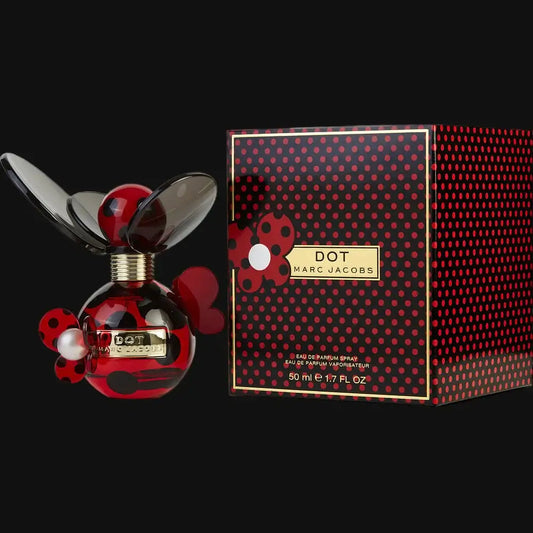 Dot by Marc Jacobs perfume set: red-and-black bottle and patterned box