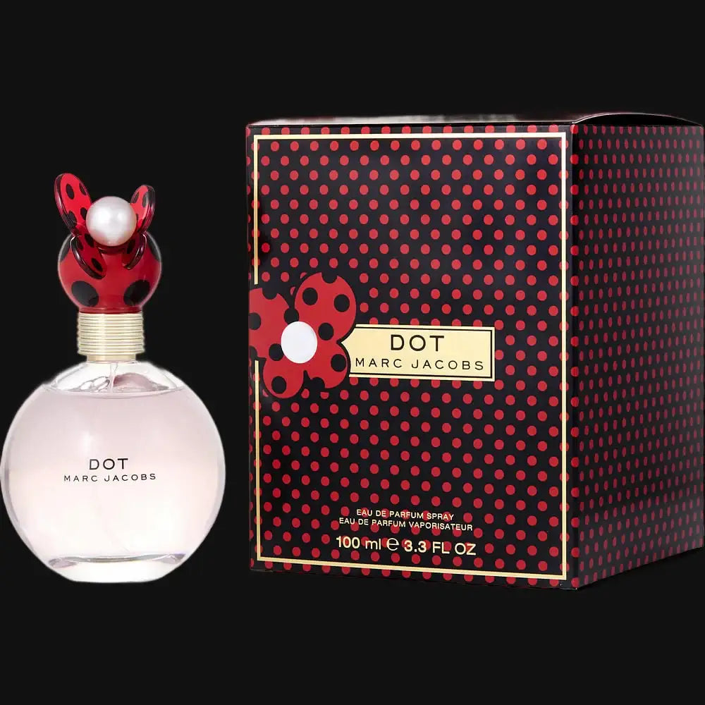 Dot by Marc Jacobs eau de parfum bottle with red-and-black design, plus box