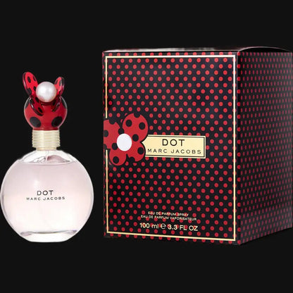 Dot by Marc Jacobs eau de parfum bottle with red-and-black design, plus box
