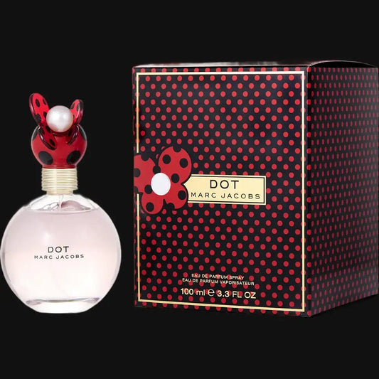 Dot by Marc Jacobs eau de parfum bottle with red-and-black design, plus box