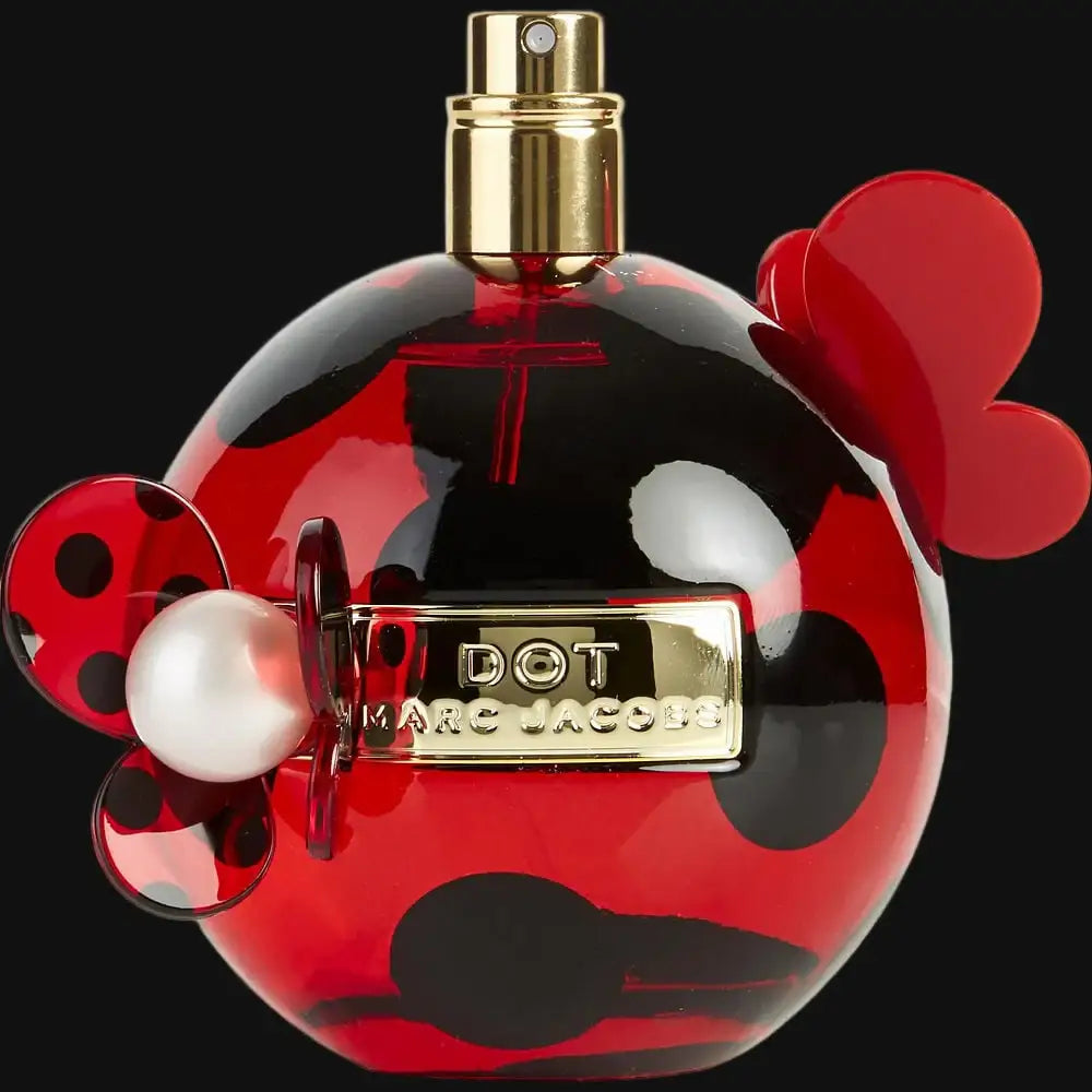 Dot by Marc Jacobs perfume bottle, red-and-black glossy sphere with gold cap