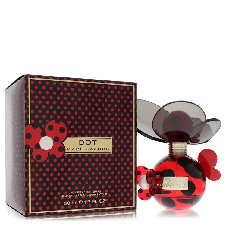 Dot by Marc Jacobs perfume box and red-and-black bottle with glossy spray cap