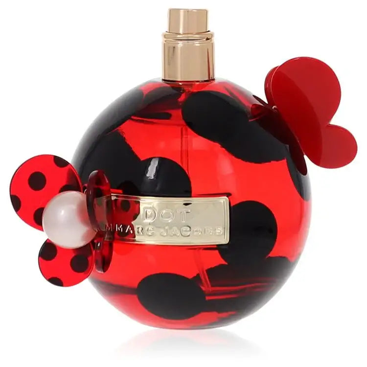 Dot by Marc Jacobs perfume bottle, glossy red-and-black sphere with gold spray top