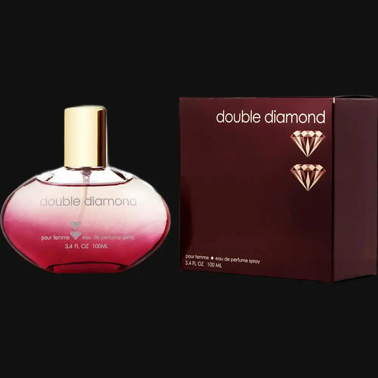 Double Diamond women’s perfume bottle with pink liquid and gold cap, plus matching box