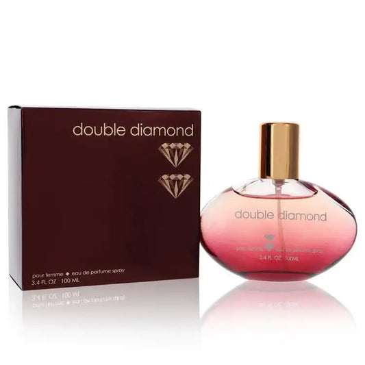 Double Diamond women’s perfume bottle and burgundy box, gold spray cap, pink glass