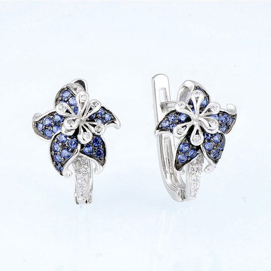Blue and clear zircon flower earrings, silver-tone with dangling drop and hinged hoops