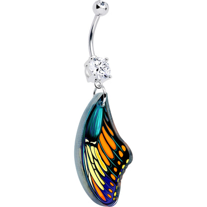 Belly ring with silver barbell and teardrop butterfly wing charm, blue and orange