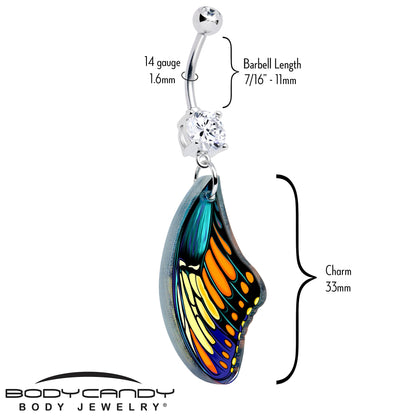 Belly ring with silver barbell, round gem, and dangling butterfly wing charm