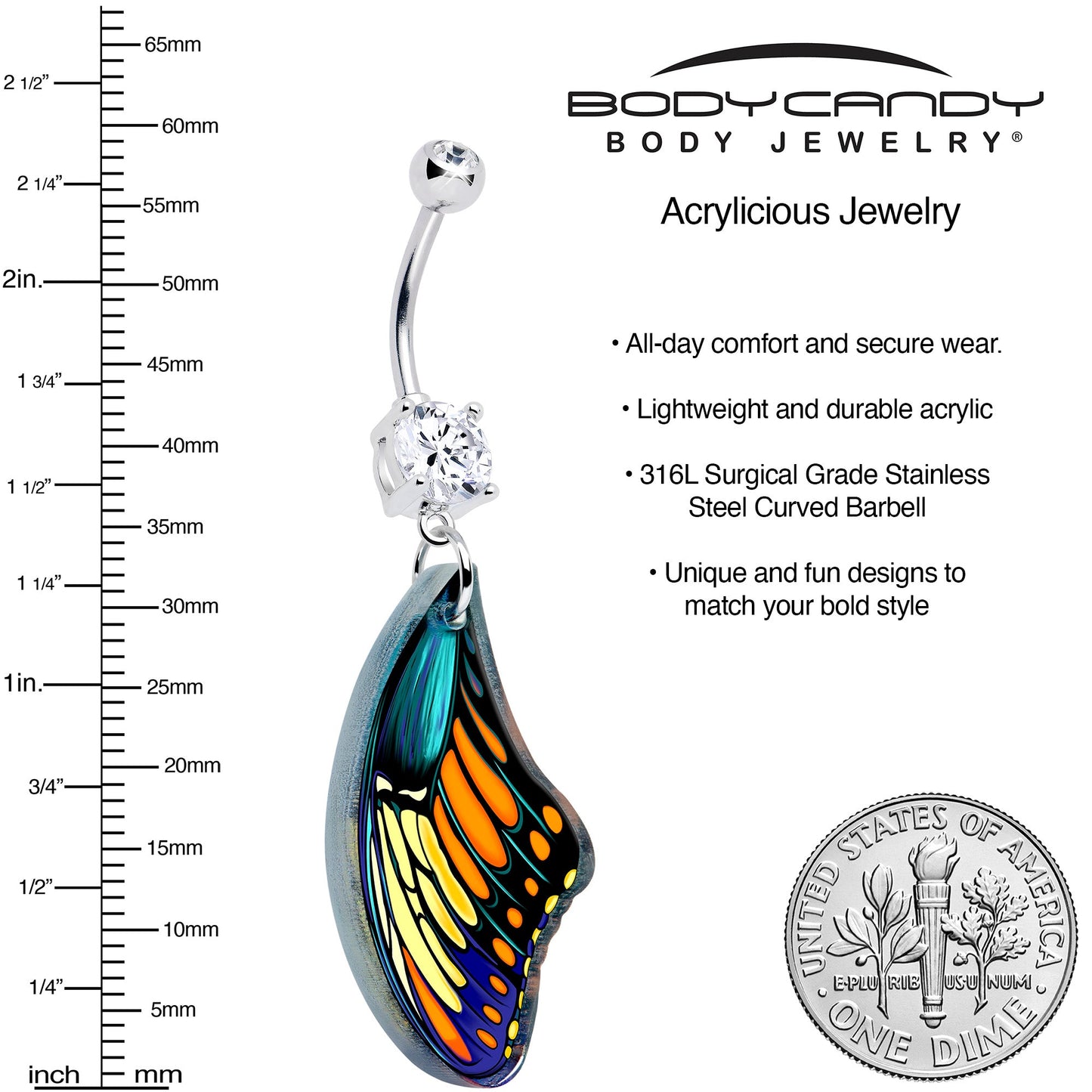 Belly ring with silver barbell and double gems, dangling butterfly wing charm