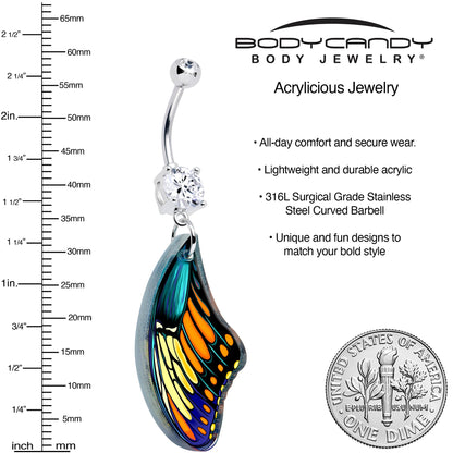 Belly ring with silver barbell and double gems, dangling butterfly wing charm