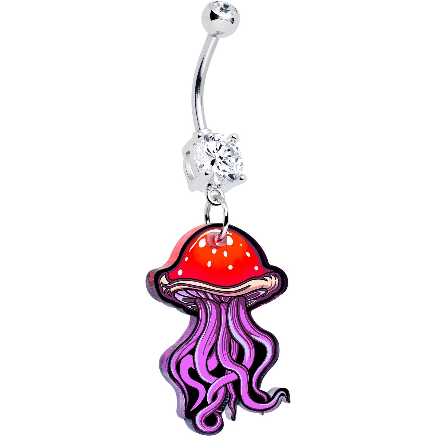 Silver-tone belly ring with purple jellyfish mushroom charm and crystal top