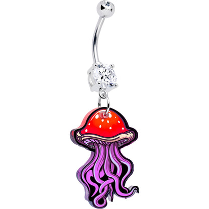Silver-tone belly ring with purple jellyfish mushroom charm and crystal top