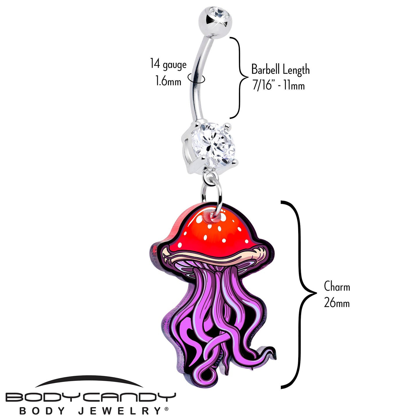 Silver-tone belly ring with dangling red mushroom jellyfish charm and crystal bead