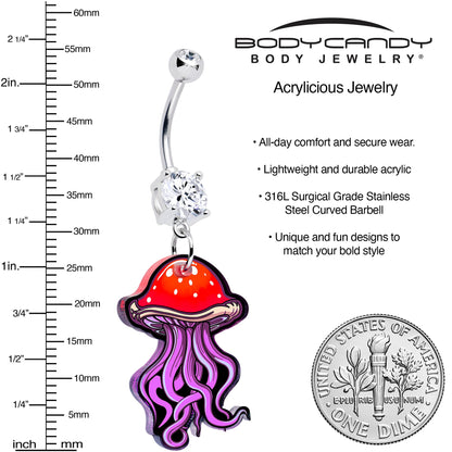 Belly ring with crystal-studded segment and red mushroom jellyfish charm