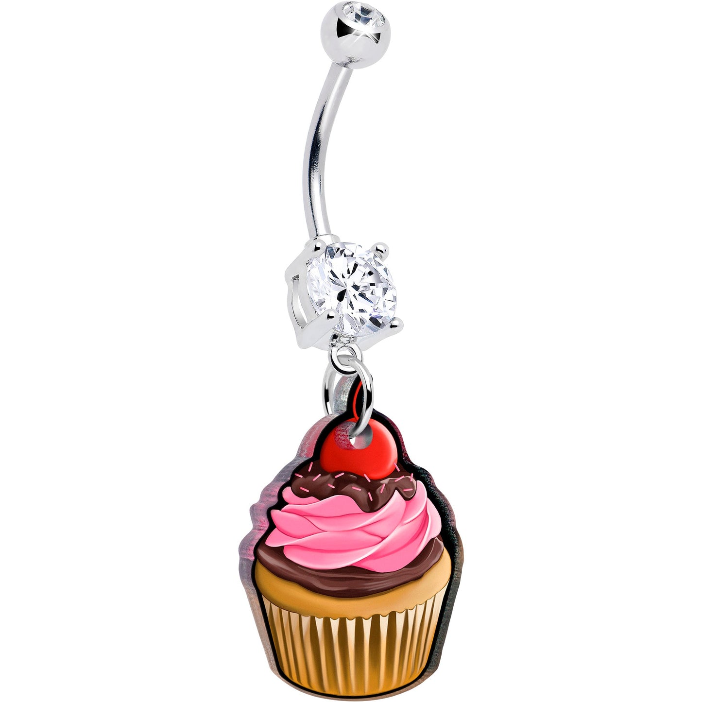 Silver belly button ring with crystal top and cupcake charm in red and pink
