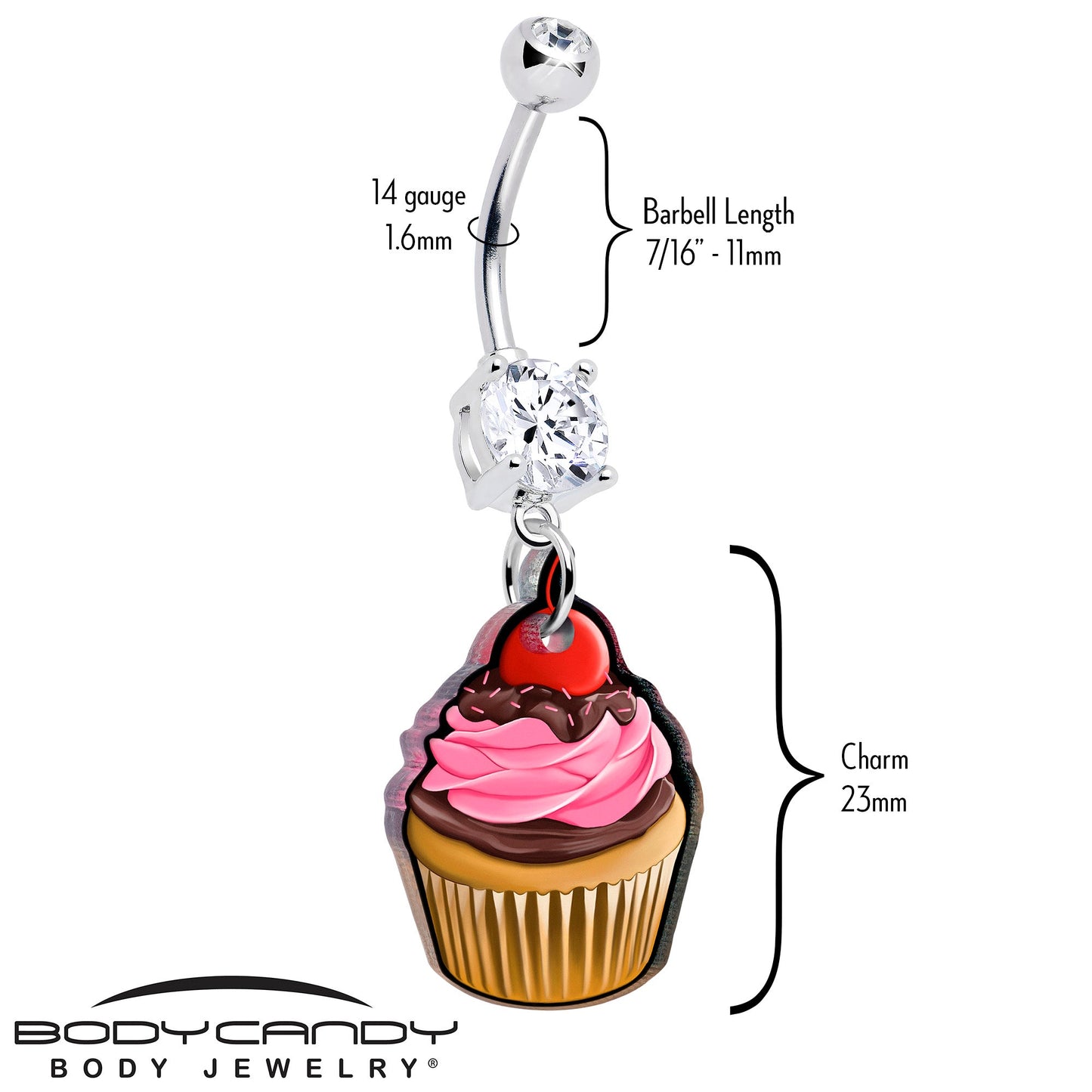 Silver belly button ring with crystal dangle and cupcake charm; 7/16 in barbell
