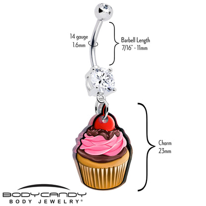 Silver belly button ring with crystal dangle and cupcake charm; 7/16 in barbell