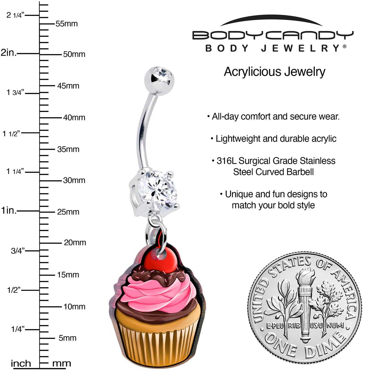 Silver belly button ring with crystal cluster and cupcake charm with pink icing