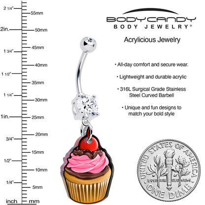 Silver belly button ring with crystal cluster and cupcake charm with pink icing