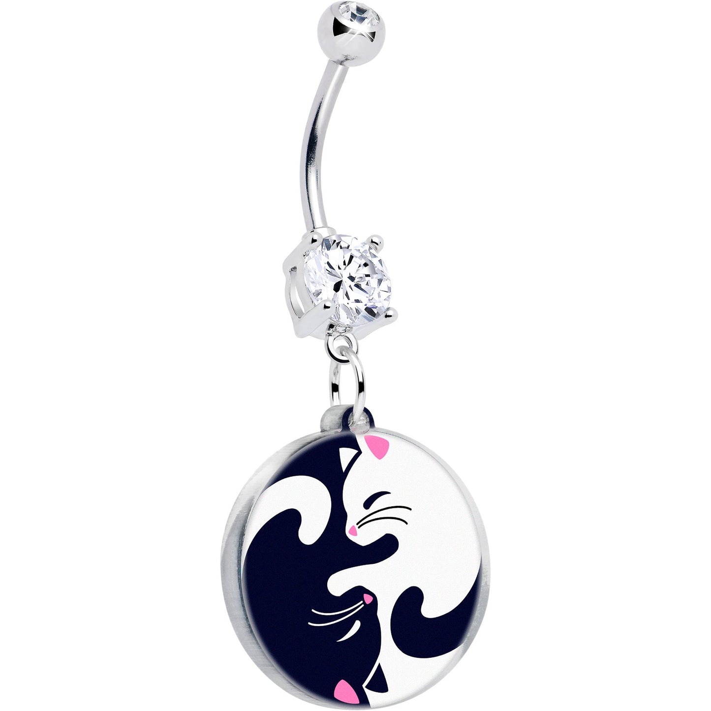 Stainless steel navel belly ring with round yin-yang cat charm and pink accents